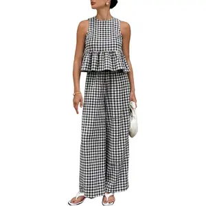 Women's 2 Piece Set Outfits Gingham Plaid Tank Tops Wide Leg Pants Matching Lounge Sets