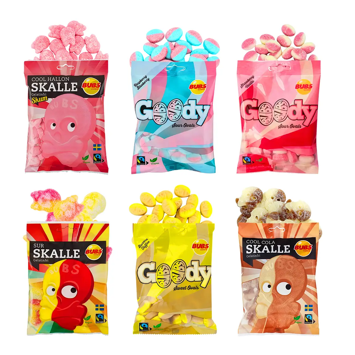 Bubs Sweet & Sour Swedish Candy Snack 6 Pack Bundle 90g Bags Classic Flavors Blue Raspberry Strawberry Vanilla Banana Carmel Sour Skulls Cool Raspberr