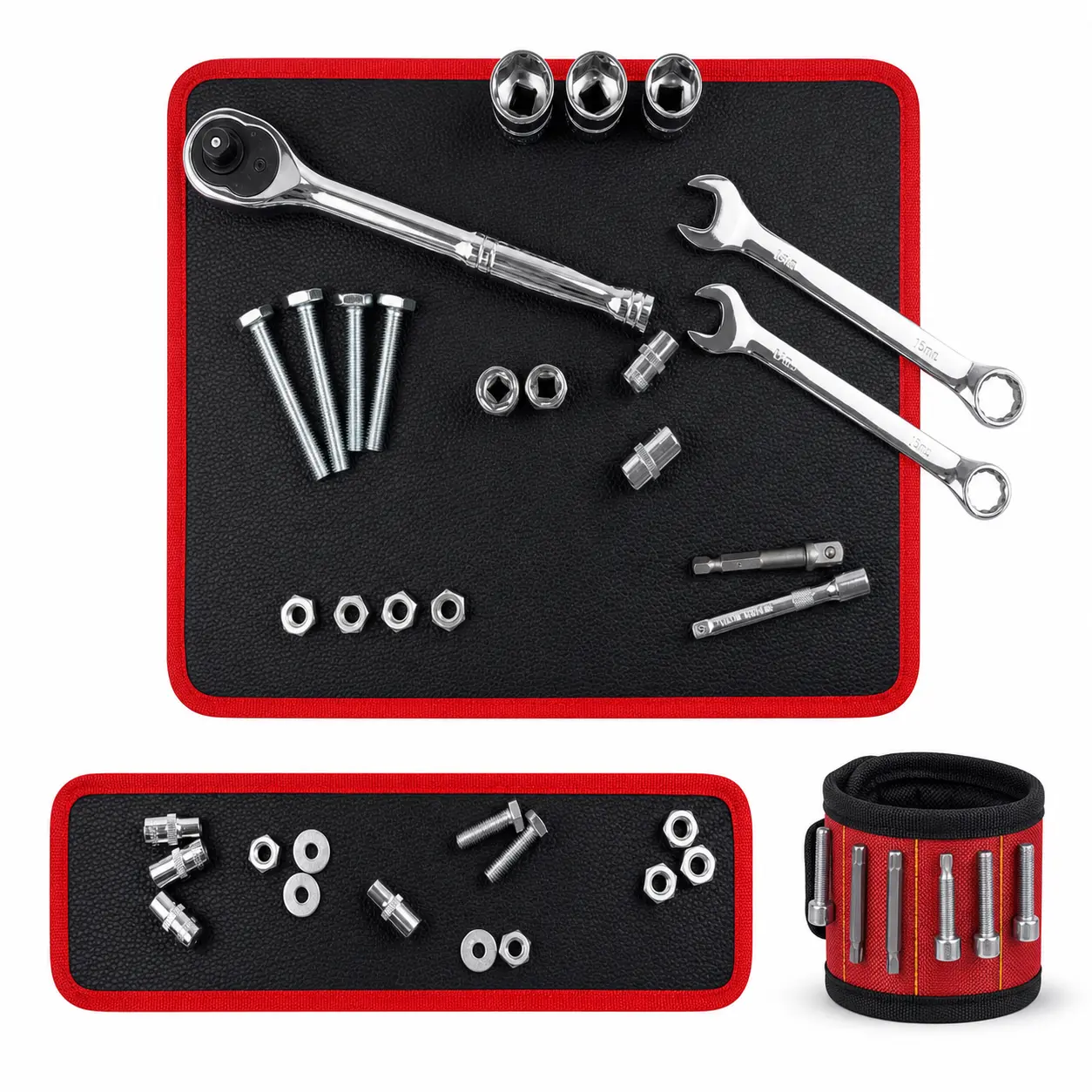 3PCS Magnetic Tool Organizer Kit, 2 Flexible Magnetic Tool Mats + Magnetic Wristband, Strong Magnetic Parts Holder for Screws, Nuts, Bolts, Drill Bits, Garage, Auto Repair & DIY