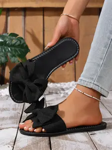 Women's Bow Flat Sandals, Cute Toe-Open Slip-On Slippers, Summer Casual Beach Shoes, Comfortable and Stylish Footwear