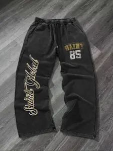 Men's Sporty Fitted Graphic Pants, Casual Street Style, Spring & Fall Wear, Comfortable Athletic Shorts, Trendy Men's Clothing, Letter Patched Sweatpants, Athleisure Style Pants