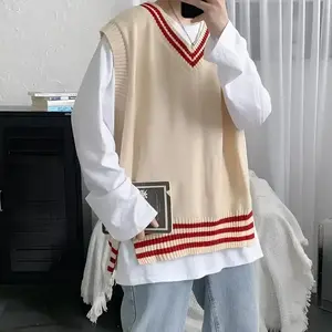 2025 Autumn Winter Hong Kong Style Trendy Knitted Sweater Men BF Couple College Style Woolen Vest Sleeveless Waistcoat Men Sweater