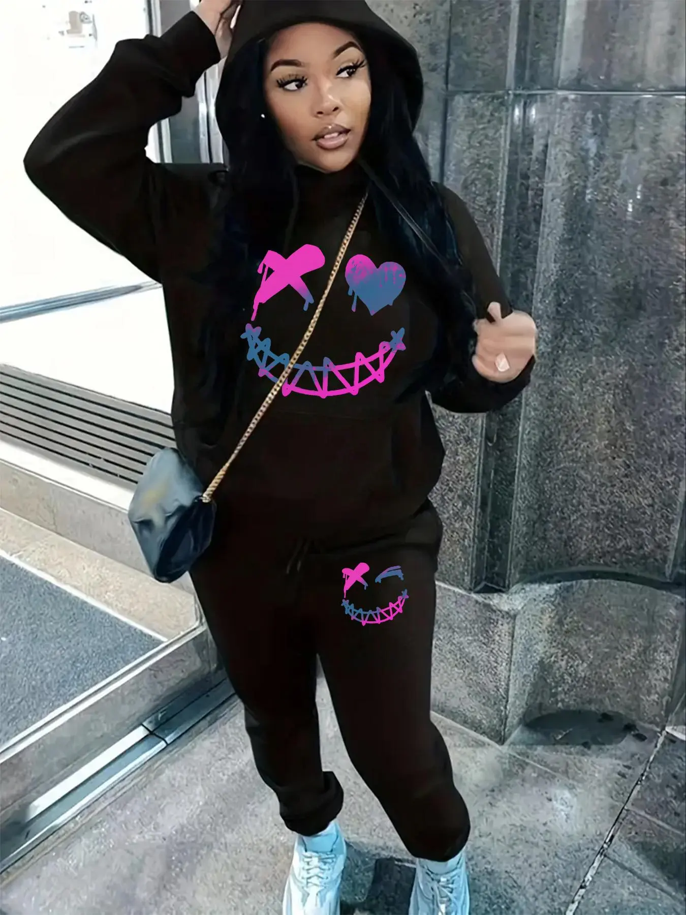 【Plus Size】 Heart Print Pocket Hoodie & Drawstring Waist Sweatpants Set, Casual Fashion Cozy Two-piece Outfits for Daily Outdoor Wear, Women Clothing for Fall & Winter