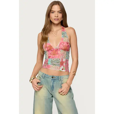 Catie Printed Mesh Halter Top