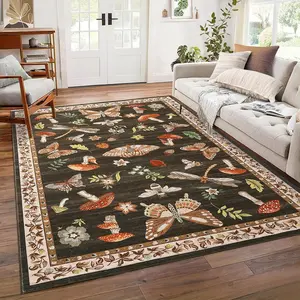 Fashion Vintage Butterfly Insect Print Carpet, Floral Pattern Rug, Foldable Washable Non-Slip for Living Room Bedroom Sofa Dining Hall Hotel
