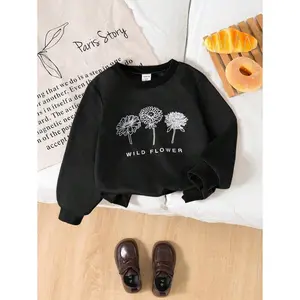 Young Girl Minimalist Flower Pattern Crew Neck Long Sleeve Sweatshirt