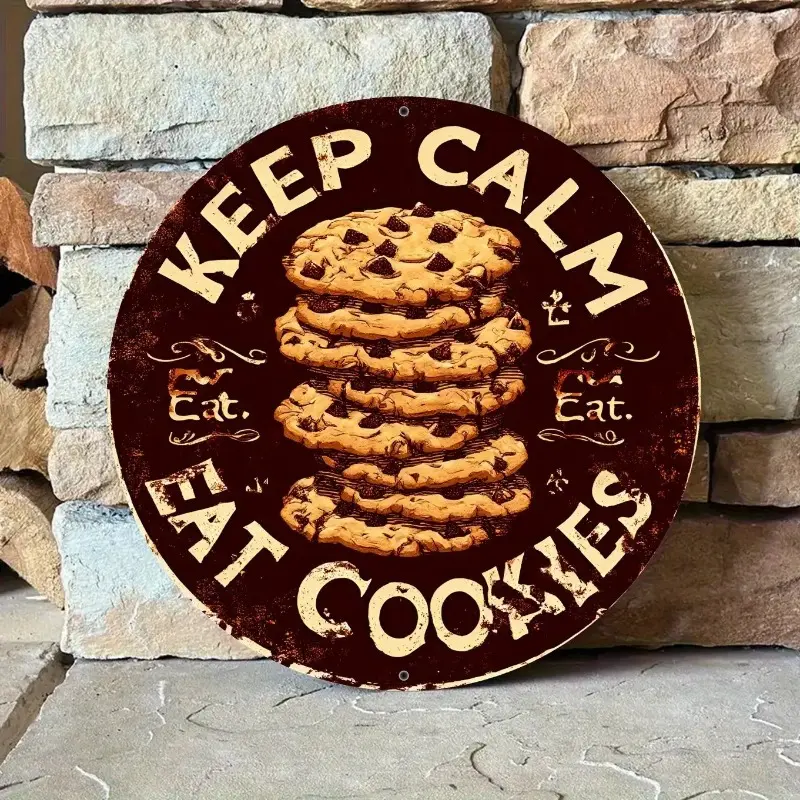 2D Keep Calm and Eat Cookies Round Metal Wall Decor- Vintage Kitchen Sign with Chocolate Chip Cookies, Suitable for Bakery, Cafe, Home Country Style Decoration Cookie Themed Decor,Gift for Baking Lovers