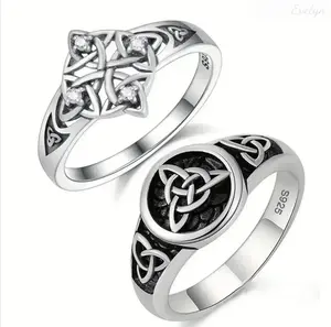 Celtic Knot Ring Set, Trinity Knot & Triquetra Band, Silver‑Tone Vintage Jewelry for Men & Women
