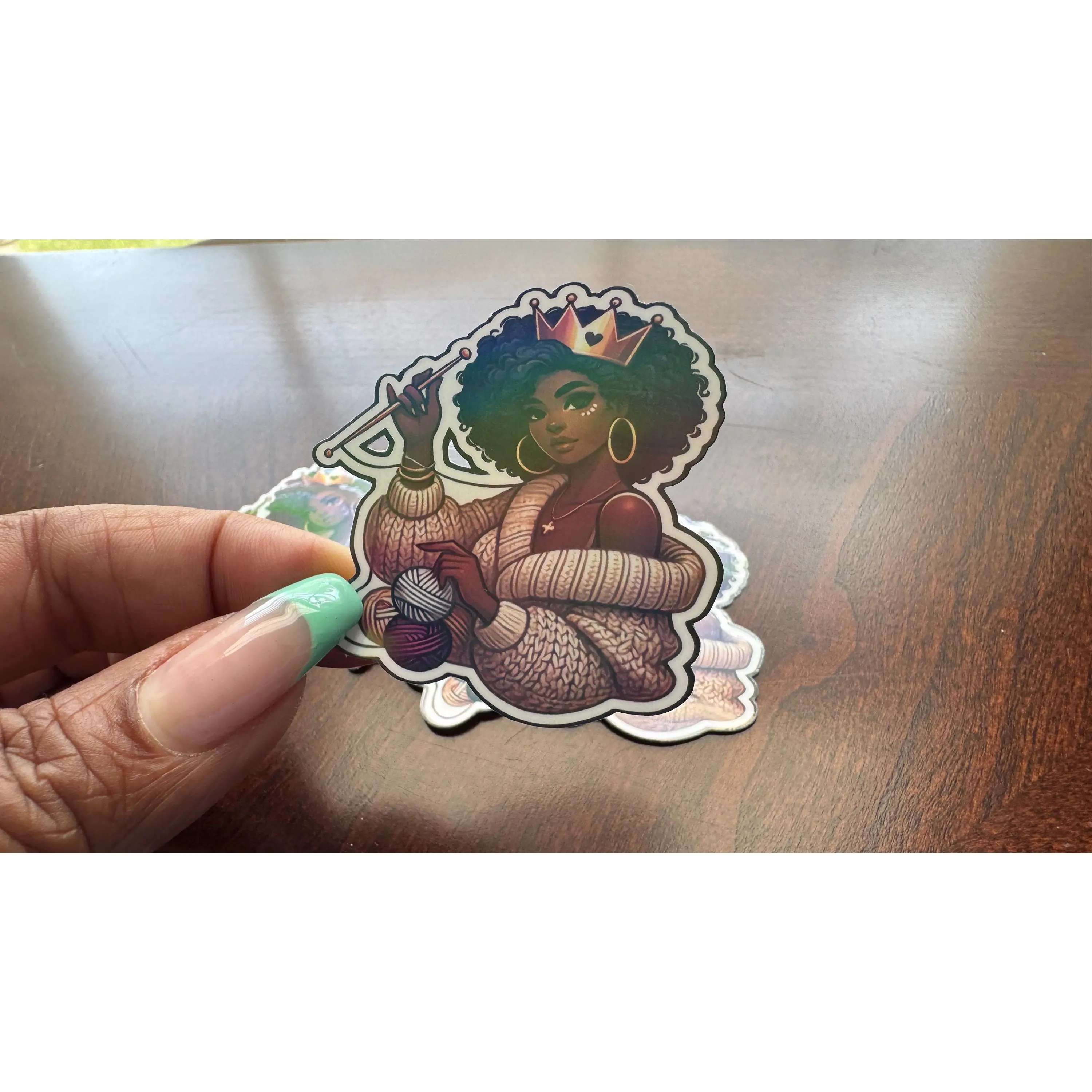 Crochet Queen Sticker – Curly Hair, Crown & Cozy Vibes | Crafty Black Girl Sticker | Yarn Lover Gift | Waterproof Vinyl Sticker