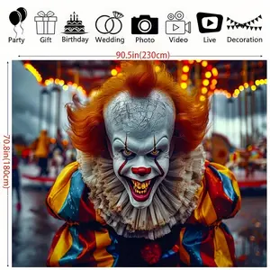 Circus Carnival Clown Backdrop - Vibrant Horror Stage & Photo Booth Prop, Haunted Carousel & Haunted House Retro Elements, Polyester, Perfect for Living Room, Outdoor Decor, Live Streaming, 99.06x149.86cm / 179.83x229.87cm,