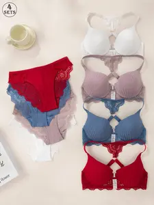 Women's Solid Color Minimalist Lace Bra & Panty Set, Breathable Comfortable Underwear Set for Daily Wear, Underwear Set for Women, Bra Sets