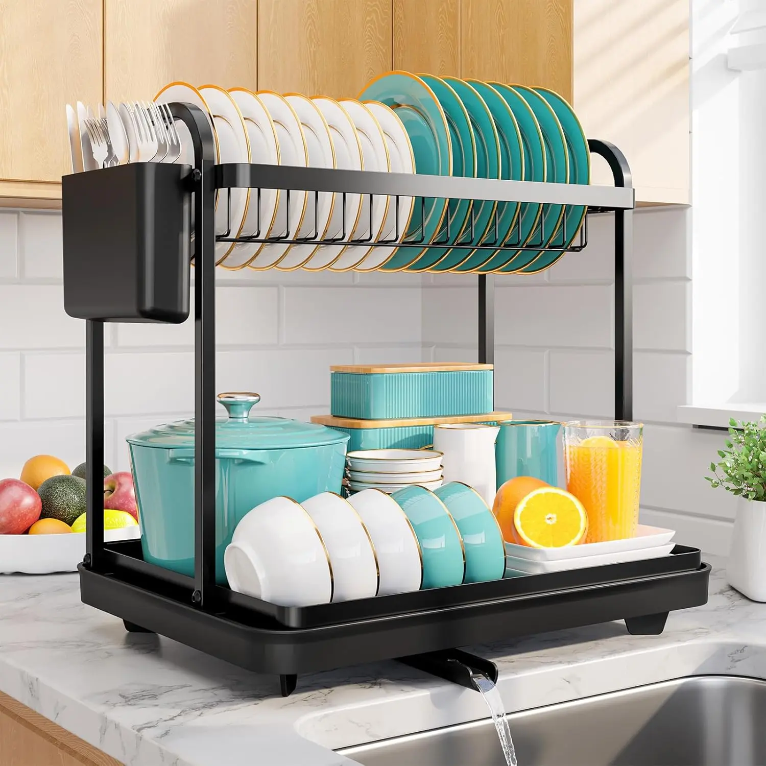 2-Tier Dish Drying Rack - Stainless Steel Dish Rack with Cutlery & Sink Organization and Storage for Small Family, 15" W x 11.4" L x 15" H, Black