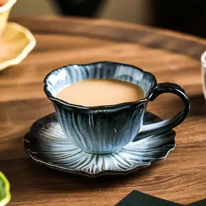 Vintage Ceramic Coffee Cup and Saucer, Underglaze Color Latte Art Mug, Retro Mugs, Unique Elegant Gift, Handmade Design