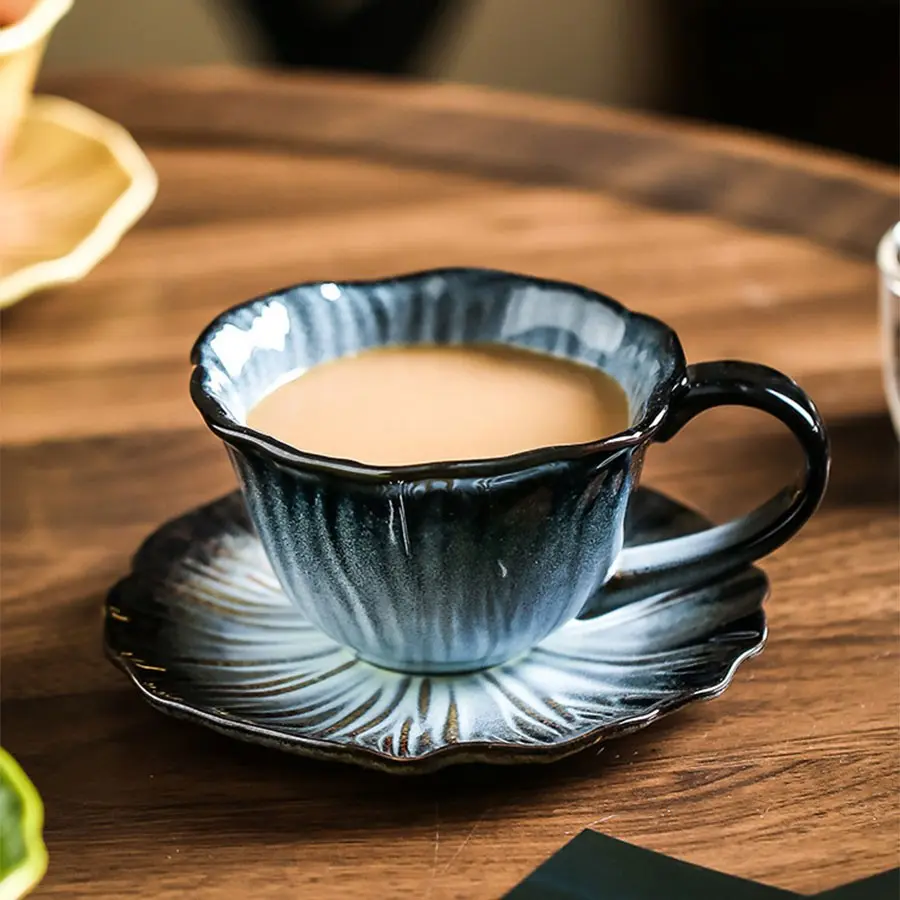 Vintage Ceramic Coffee Cup and Saucer, Underglaze Color Latte Art Mug, Retro Mugs, Unique Elegant Gift, Handmade Design, Drinkware, Stylish Drinkware