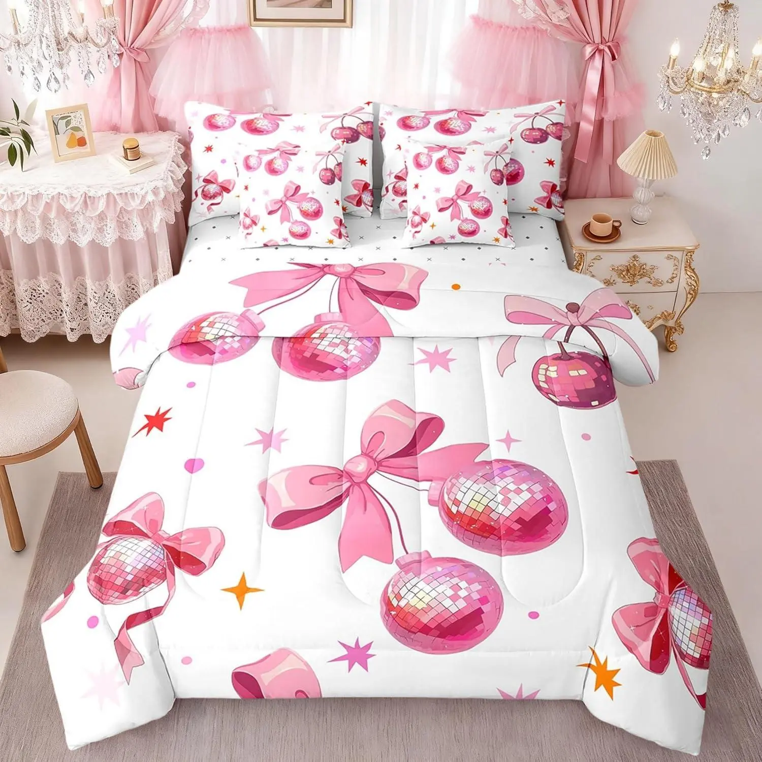 70s 80s Pop Music Comforter Set,7 Pieces,Cherry Disco Ball Pink Bed Set,Girly Bowknot Princess Style Bedding Bed in a Bag,(1 Comforter,2 Pillowcase,2 Pillow Covers,1 Flat Sheet,1 Fitted Sheet)