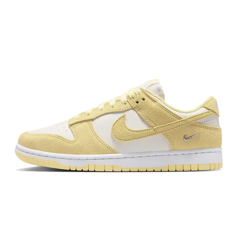 Nike Wmns Dunk Low Top Soft Suede Sneaker - Sail White/Metallic Silver/Soft Yellow, Female Athletic Retro Walking Shoes, Runs ½ Size Small, Half Sizes Run Small