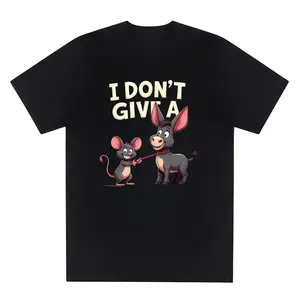 "I Don't give a" graphic tee, soft short-sleeved casual tee with a donkey and mouse print, suitable for all seasons, comfortable and close-fitting, perfect for casual wear and themed events, playful donkey and mouse design.