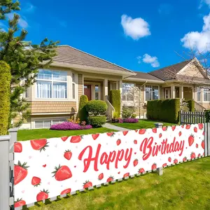 Strawberry Birthday Banner, Summer Fruit Watermelon Theme, Polyester Banner, Indoor Outdoor Decor, Party Decoration, Hawaiian Party Supplies