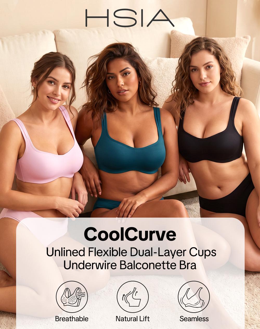 HSIA CoolCurve Unlined Plus Size Ice Silk Cooling 3D Curved Flexible Double Layer Cup Low Cut Balconette Bra Underwire Support Seamless Free Cut Scoop Square Neck  Anti Spillage No Gapping Lightweight Side Smoothing Women Everyday Bra