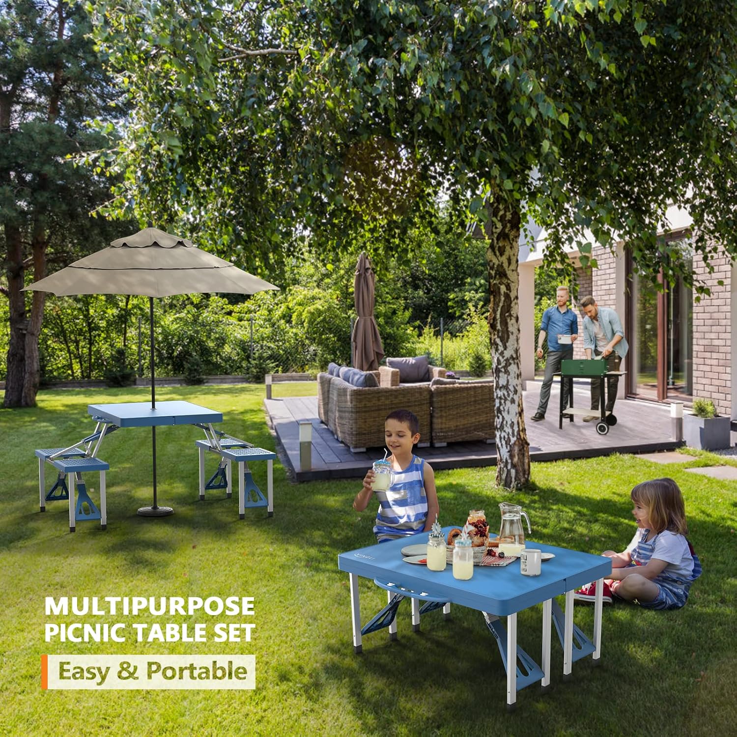 4 Ft Camping Picnic Table Set with 4 Seats with Umbrella Hole Folding Lightweight Suitcase Card Table-220 Lbs Support Aluminum F