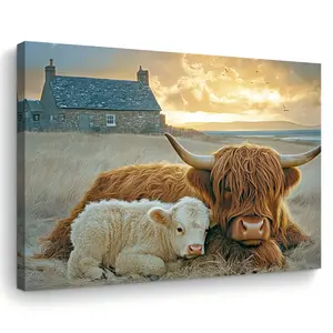 Room Decoration 1 Piece Highland Cow Canvas Wall Art, Wooden Frame Country Farmhouse Decoration, 11.8x 15.7inch , Bachelorette Party Gift, Suitable for Living Room, Bedroom, and Office Woven Print