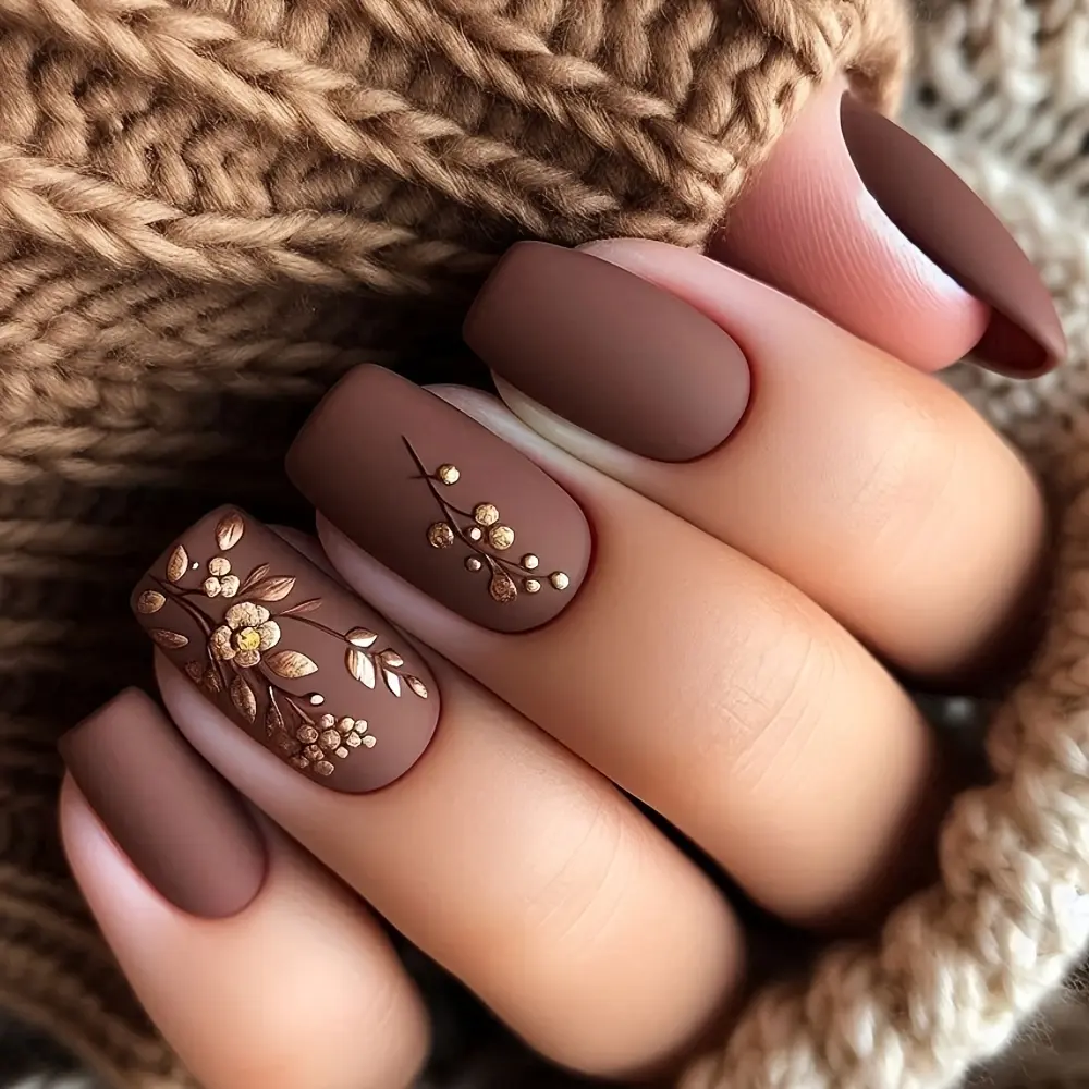24 pieces of medium-sized square press-on false nails, brown flower and leaf pattern, matte artificial nails, manicure false nails