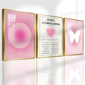 3 Count Aluminum Alloy Frame Canvas, Fashion Poster Butterfly Print And Heart Pink Affirmation Art, Wall Decoration, Modern Art, Suitable For Living Room, Bedroom, Kitchen, Home Office, Cafe, Bar, Dormitory, Corridor, Family Decor, Gift
