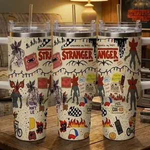 Stranger Inspired Theme Car 40oz Tumbler Vintage Cartoon Illustration Pattern Durable Stainless Steel Double Wall Insulated Leak Proof Easy Carry for Travel Camping Cycling Party Gift Use