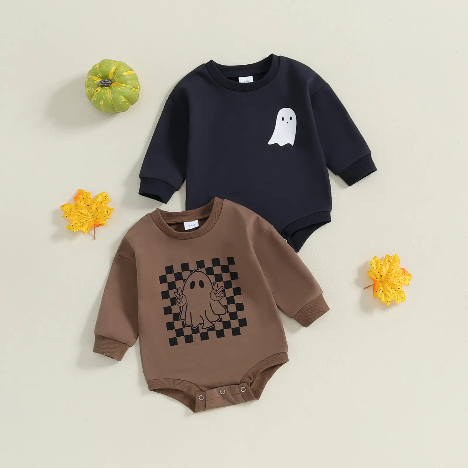 Baby Halloween Romper Ghost Checkered Print Long Sleeve Crew Neck Jumpsuits Onesie Halloween Clothes Outfits Fall Winter