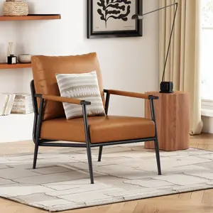 ARCH Mid-Century Modern Accent Chair with Brown Faux Leather Upholstery, Padded High Backrest, Metal Frame and faux leather wrapped Armrests, Perfect for Living Room, Bedroom, or Office