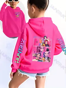 Girls Kpop Demon Hunters Hoodie, Cartoon Pattern, Casual Fitted Sweatshirt, Autumn Winter Elastic Fabric, Christmas Gift, Daily Wear, Graphic Casual Hoodie