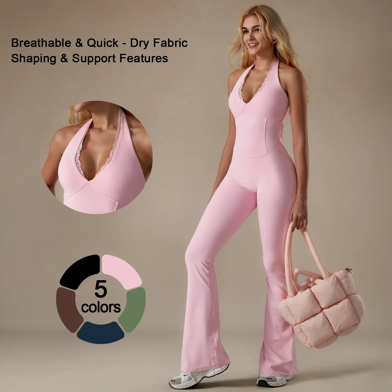 TimeOFF Backless Halter Jumpsuit , Soft Stretch Fabric, Moisture-Wicking , Yoga, Gym & Active Lifestyle , Women's Versatile Activewear Fitness Outfit