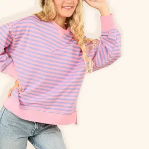 Pinkly Lav Pullover with Striped Pattern, Long Sleeves, and Pink Trim, Ideal for Women's Wear - Womenswear