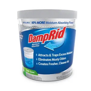DampRid 11 oz. Fresh Scent Refillable Moisture Absorber, Moisture Absorber Cups, Reusable Decorative Moisture Eliminators, 10% More Absorbing Power, Eliminates Musty Odors, Lasts 45 Days, Available in Fresh Scent, Lavender Vanilla or Fragrance Free.