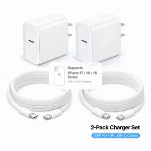 2-Pack 20W PD USB-C Fast Charger & 6FT Braided Cable Set For iPhone 17/16/15 Pro/Pro Max, AirPods, iPad