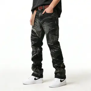 Men's Worn Frayed Tight Waisted Washed Black Denim Jeans Unique Graphic Design Retro Elements Stretch Fabric All Seasons Casual Streetwear Daily Torn Trendy Mens Clothing Hip Hop Style