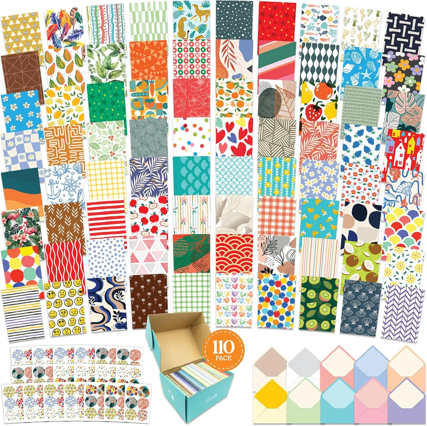 Decorably 110 Pack 4x6in All Occasion Assorted Blank Cards Bulk | Envelopes & Stickers, 110 Folded Unique Designs for Family & Friends, Blank Inside - Birthday, Anniversary, Gifting, Mailing