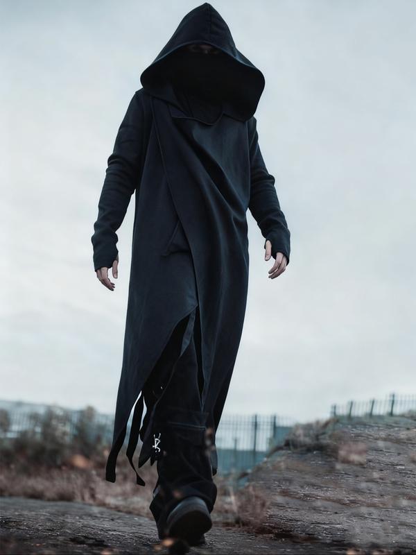 Men's Black Hooded Cyberpunk Maxi Coat – Asymmetric Design, Stylish Outerwear for Street Fashion & Cosplay