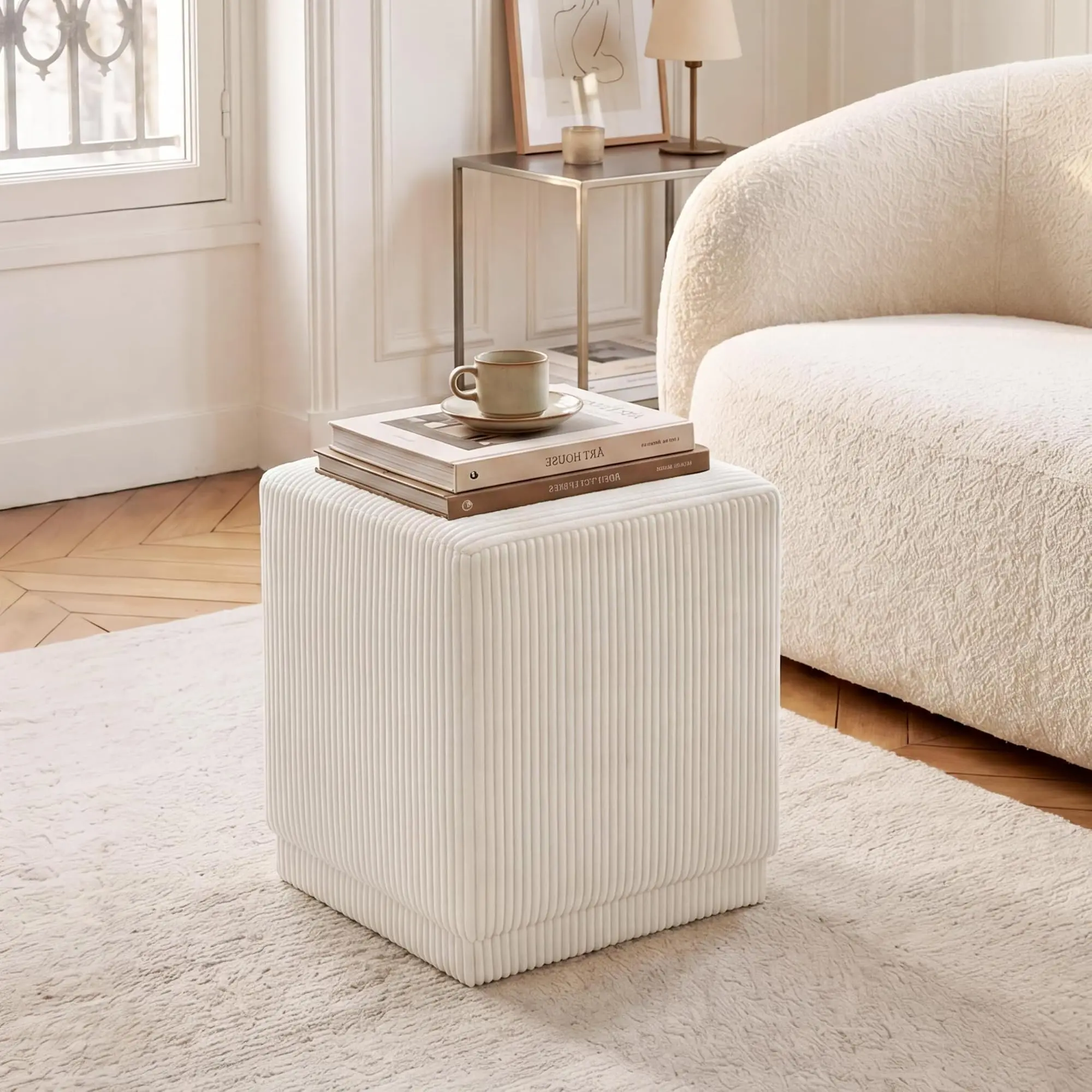 18.11 Inch Tall Corduroy Square Ottoman and Vanity Stool, Fully Assembled