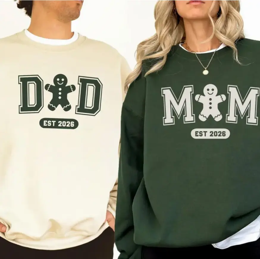 DAD Est 2026 Sweatshirt, MOM Est 2026 Sweatshirt - Matching Christmas Mom Dad Shirts, Gingerbread Cookie Family Set, Custom Est Date Sweatshirt, New Mom Dad Pregnancy Reveal Tee