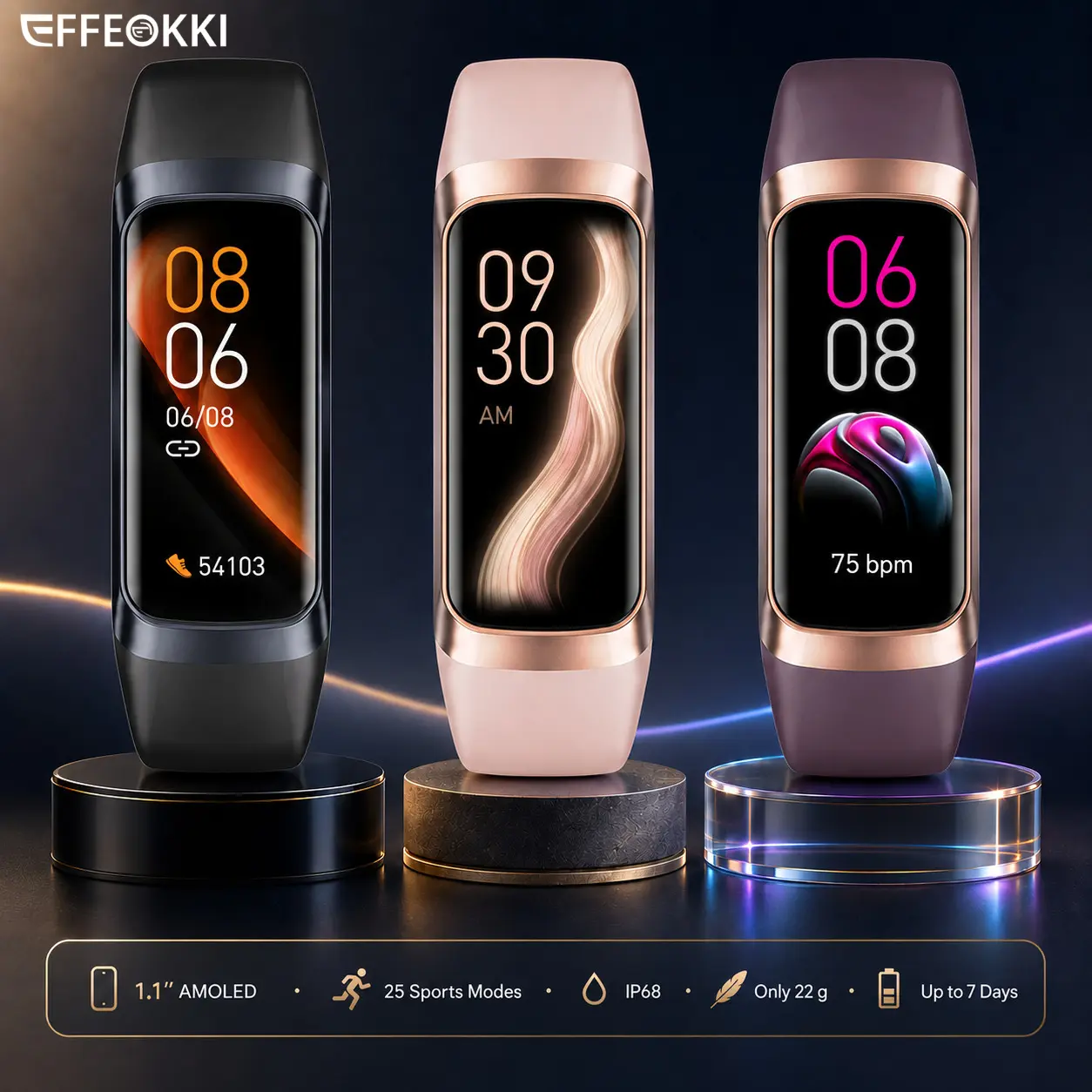 EFFEOKKI 1.1" AMOLED Sports Fitness Tracker for Women Men, IP68 Waterproof Smart Watch with 25 Sports Modes, Pedometer Step Counter, Stopwatch, Message Alerts, Slim Activity Tracker, 0.78 oz Lightweight Design, for iPhone & Android Phone