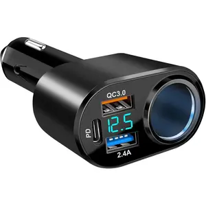 USB C Car Charger, 90W Cigarette Lighter Adapter Dual USB Fast Charging PD QC 3.0, 12V/24V Car Charger Socket Splitter with LED Voltmeter for Smart Phone GPS Dash Cam