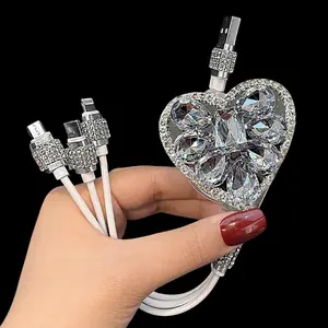TikTok Viral Charger Cable 3-in-1 Heart Bling Rhinestone Crystal Pink Clear Cute Car Decoration Phone Accessory Gift for Girls