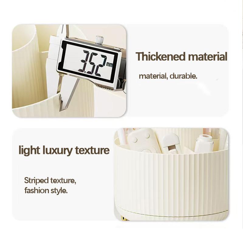 A 360 degree rotating cosmetics storage box - cosmetics storage box, display box with 5 compartments - multifunctional brush, lipstick, skin care and stationery storage box - durable and odorless luxury stripe design desktop storage box Organiser White