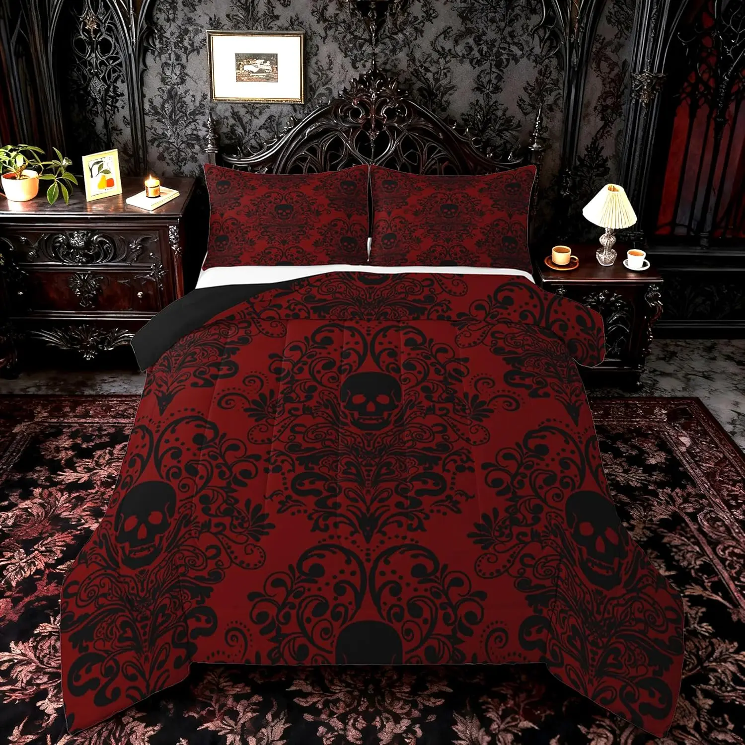 Adults Gothic Skull Bedding Set Damask Print Comforter Goth Bohemian Duvet Breathable Soft Lightweight Microfiber Black Red Room Decor