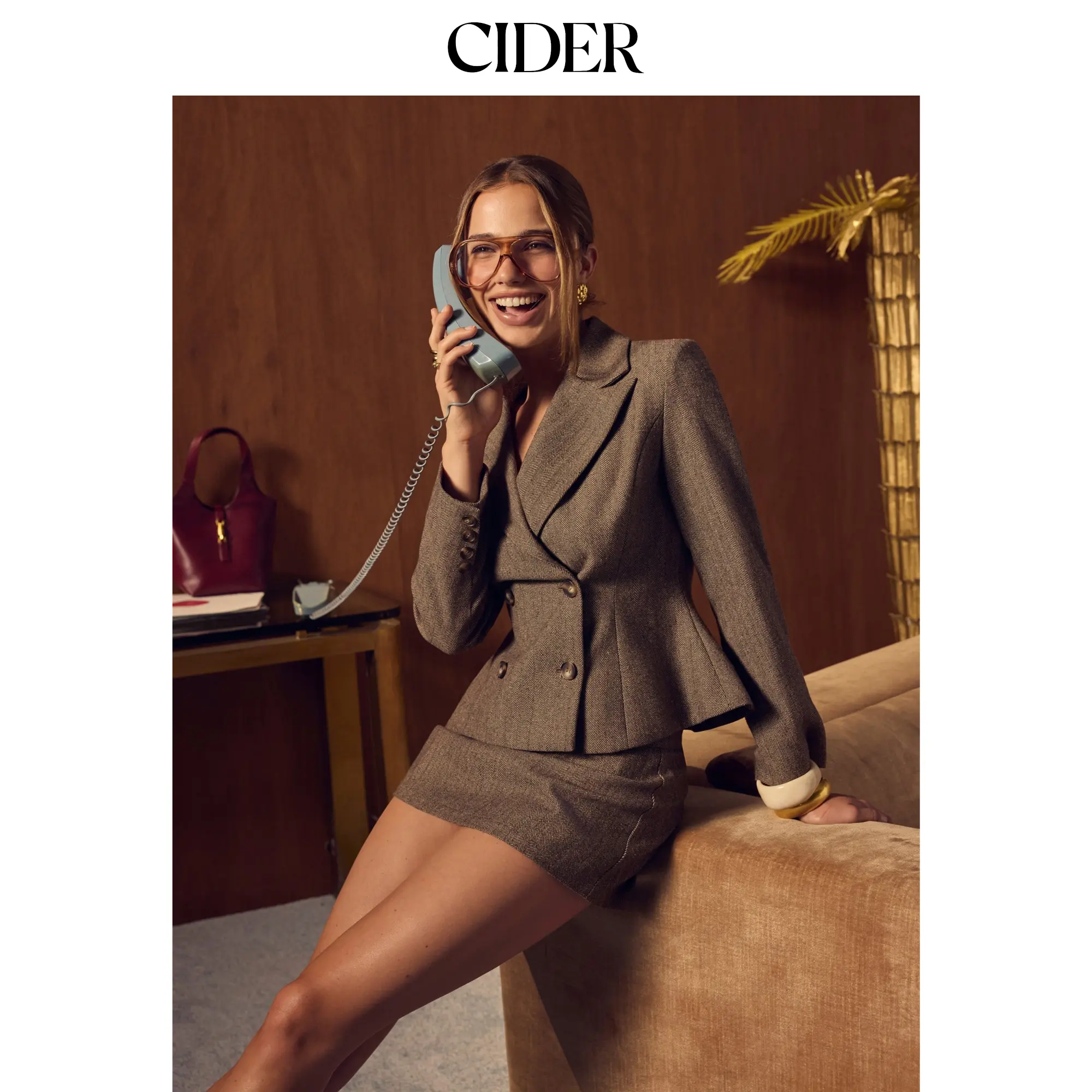 Cider Wool-look Herringbone Notched Collar Double Breasted Peplum Hem Blazer