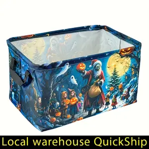 Storage Bins With Handles, Halloween Background With Pumpkins Ghosts And Cemetary Storage Box Storage Basket Collapsible, Skull Storage Basket, Gift Basket Teacher Basket Book Basket, Halloween Basket, Fall Basket, foldable ，laundry basket