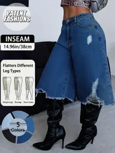 Women's Ripped Denim Shorts Button No Elasticity, Vintage Wash Design, Pockets, Casual Beach Wear, Multifunctional Fashion Item