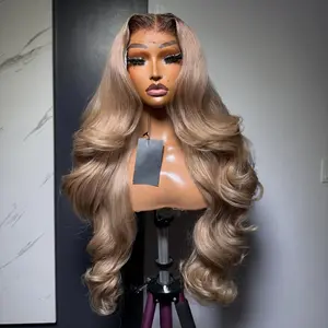 Ombre Ash Blonde with Brown Roots Body Wave Wig Human Hair 13x6 Transparent Lace Front Straight Wigs for Women Pre Plucked with Small Konts Natural Hairline