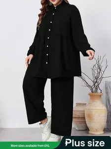 【Plus Size】 Solid Color Button Front Shirt & Wide Leg Pants Set, Casual Minimalist Long Sleeve Collared Top & Trousers for Daily Wear, Women's Two-piece Set Outfits for Spring & Fall